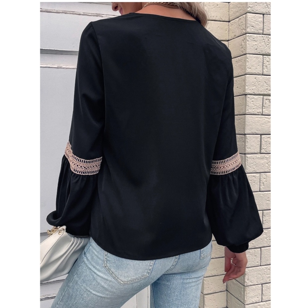 Eylet Embroidery Trim V-Neck Boho Shirt Black , Long  Lantern Sleeve - Picture 2 of 7